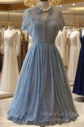 Light Dresses, Chiffon Elegant A Line Doll Collar Short Sleeves Homecoming Blue Chiffon Vintage Style Dress